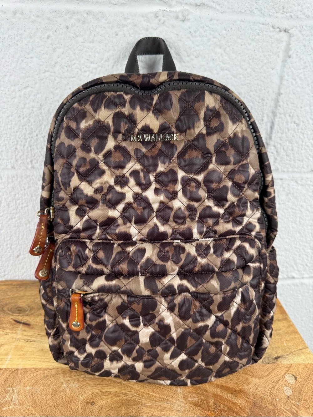 MZ Wallace Metro Backpack Magnet Leopard Quilted Nylon Leather Trim